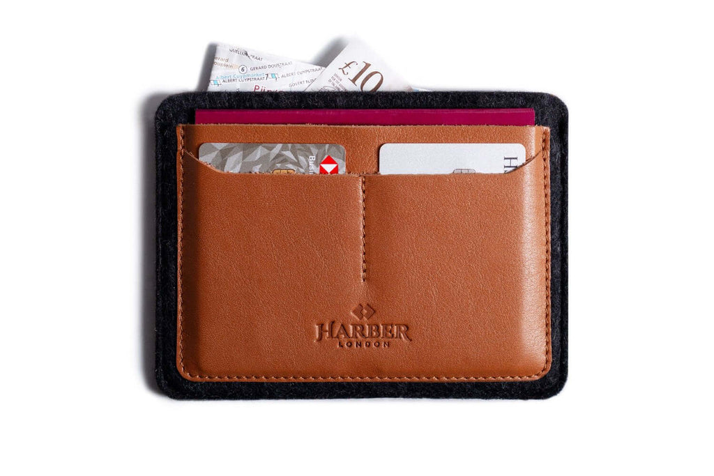  Flat Leather Passport Holder Tan/Black Felt
