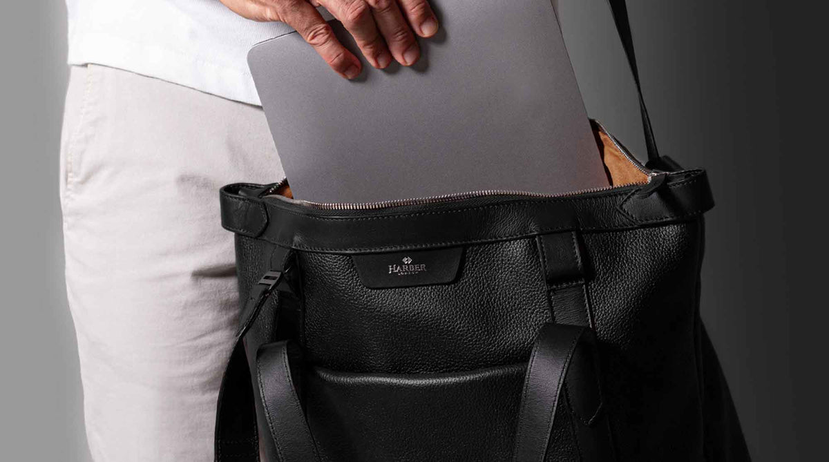 Black leather tote bag
