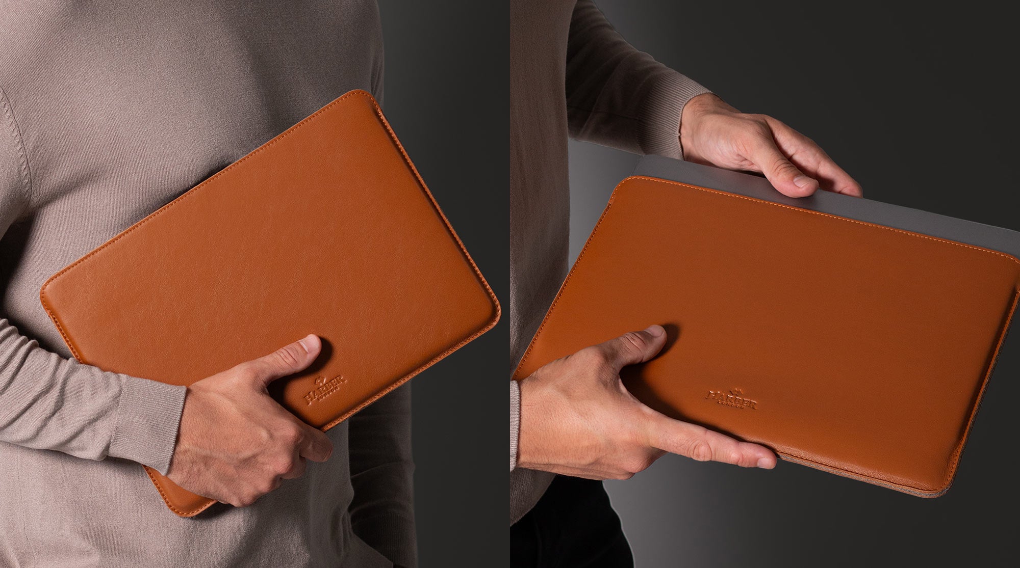 Two views of a person holding a brown leather case against a dark background