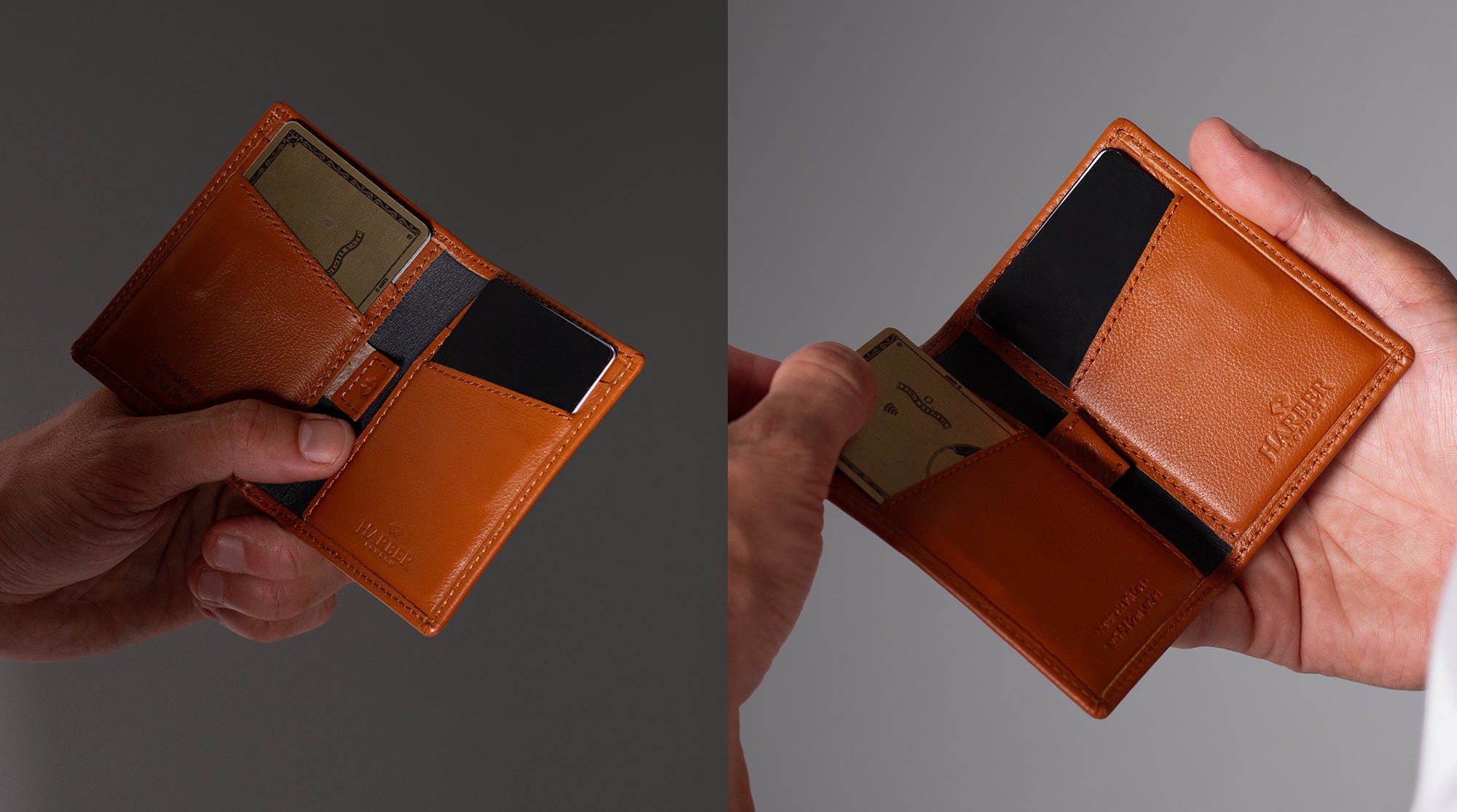 Brown leather wallet held open by a hand against a gray background