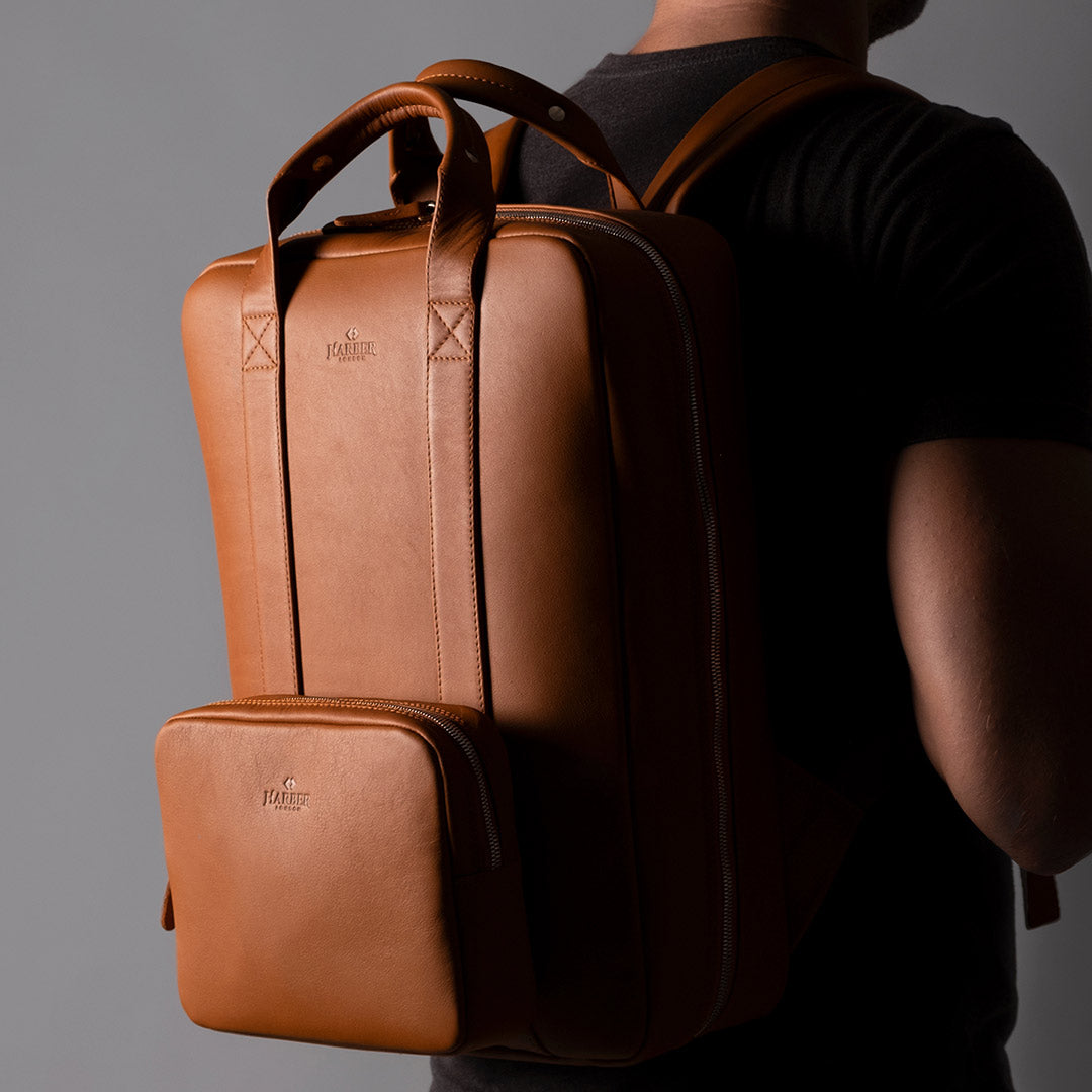 Premium leather backpack with Tech Dopp Kit insert