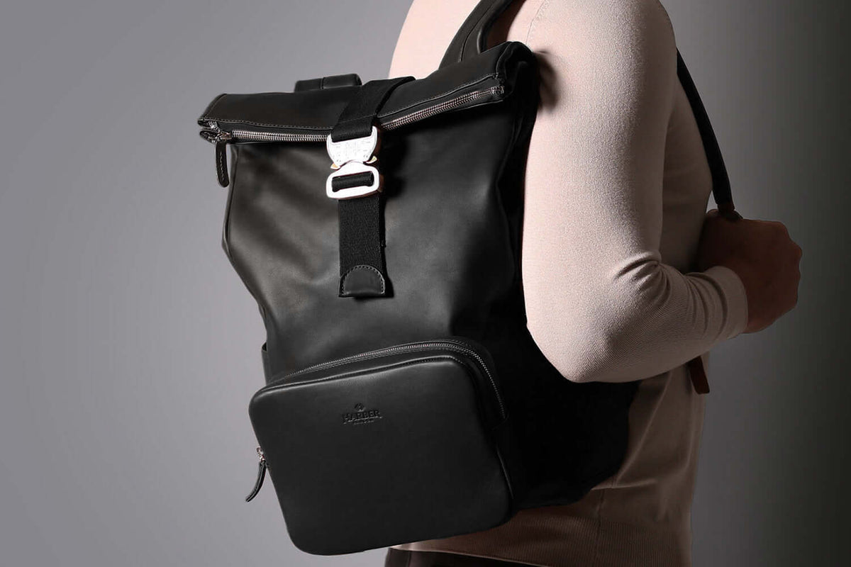 Leather Roll Top Backpack – Black Tech