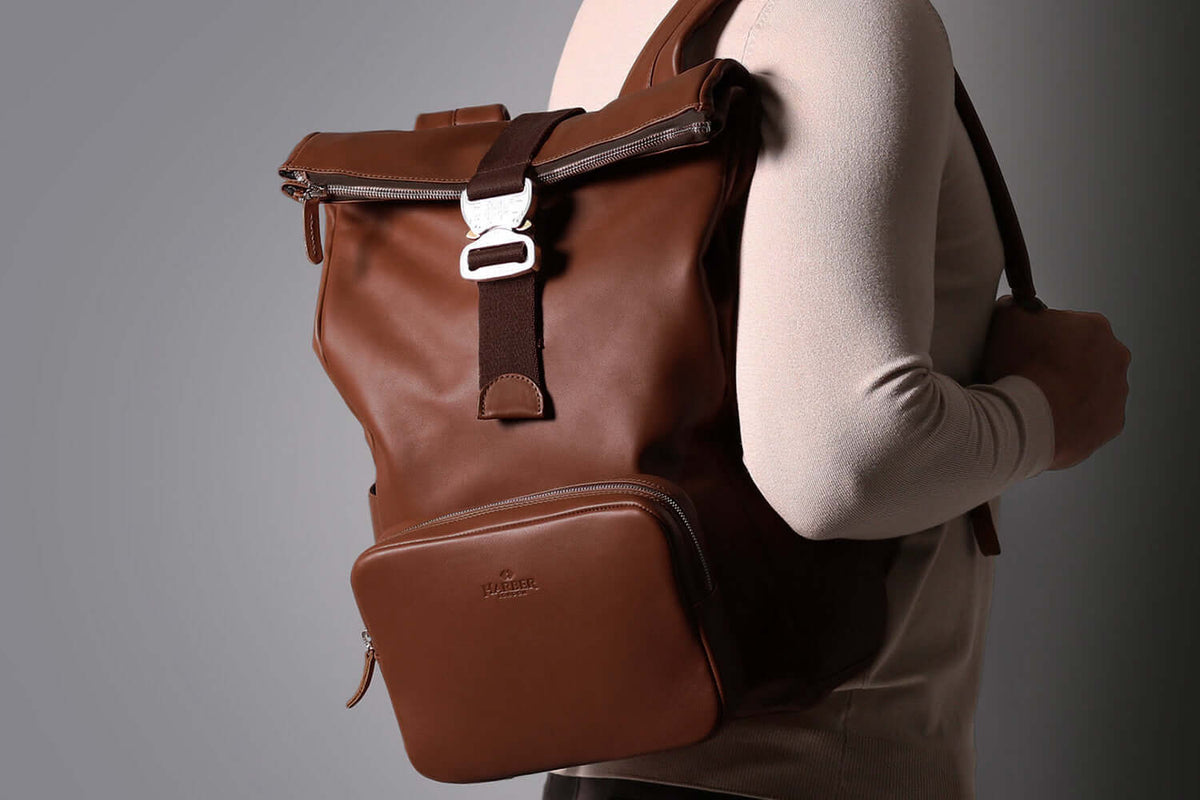 Leather Roll Top Backpack – Deep Brown Tech