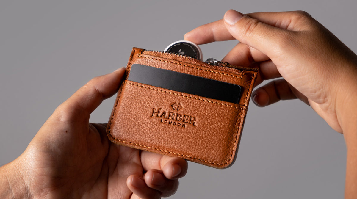 Leather zip wallet for coins and AirTag