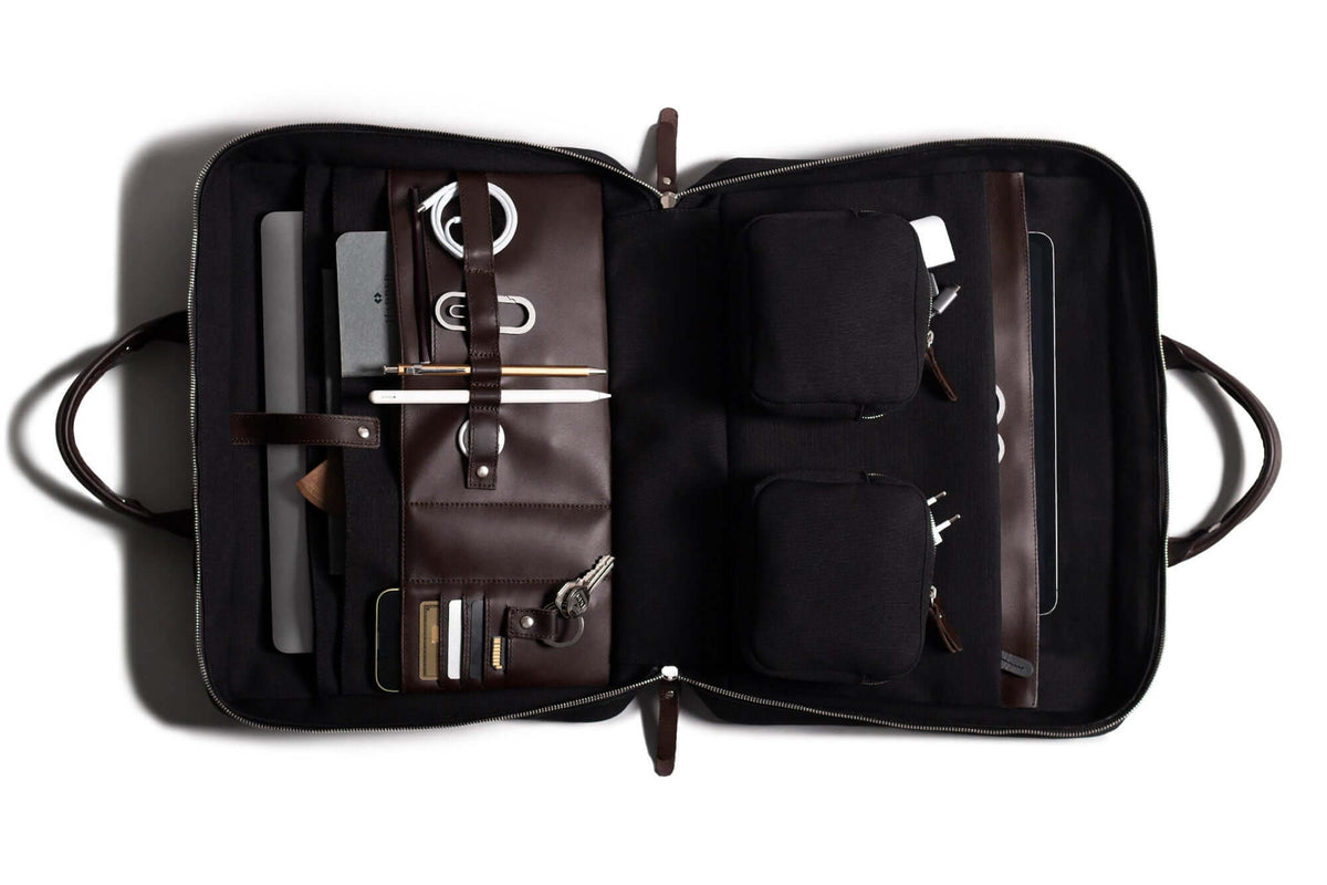 Rugged Laptop Briefcase Black Fabric / Brown Leather