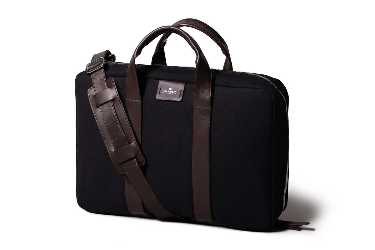 Rugged Laptop Briefcase Black Fabric / Brown Leather