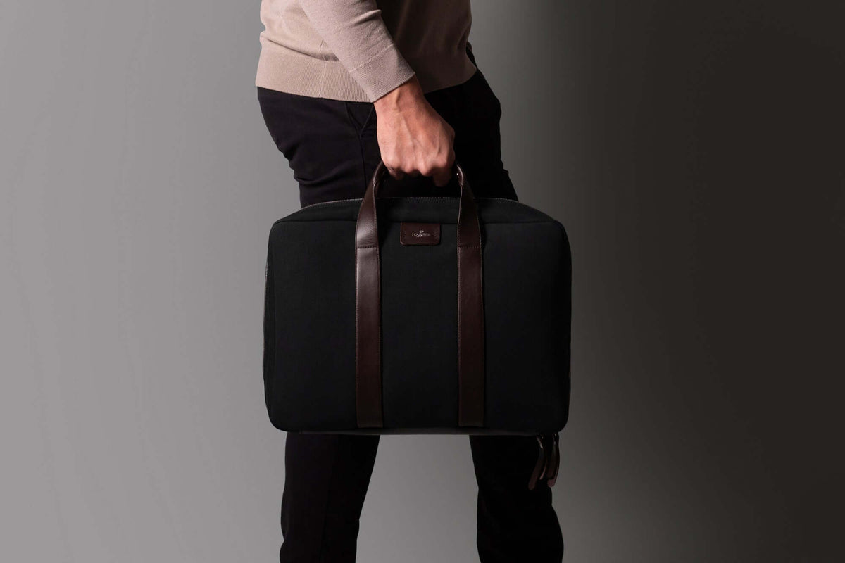 Rugged Laptop Briefcase Black Fabric / Brown Leather