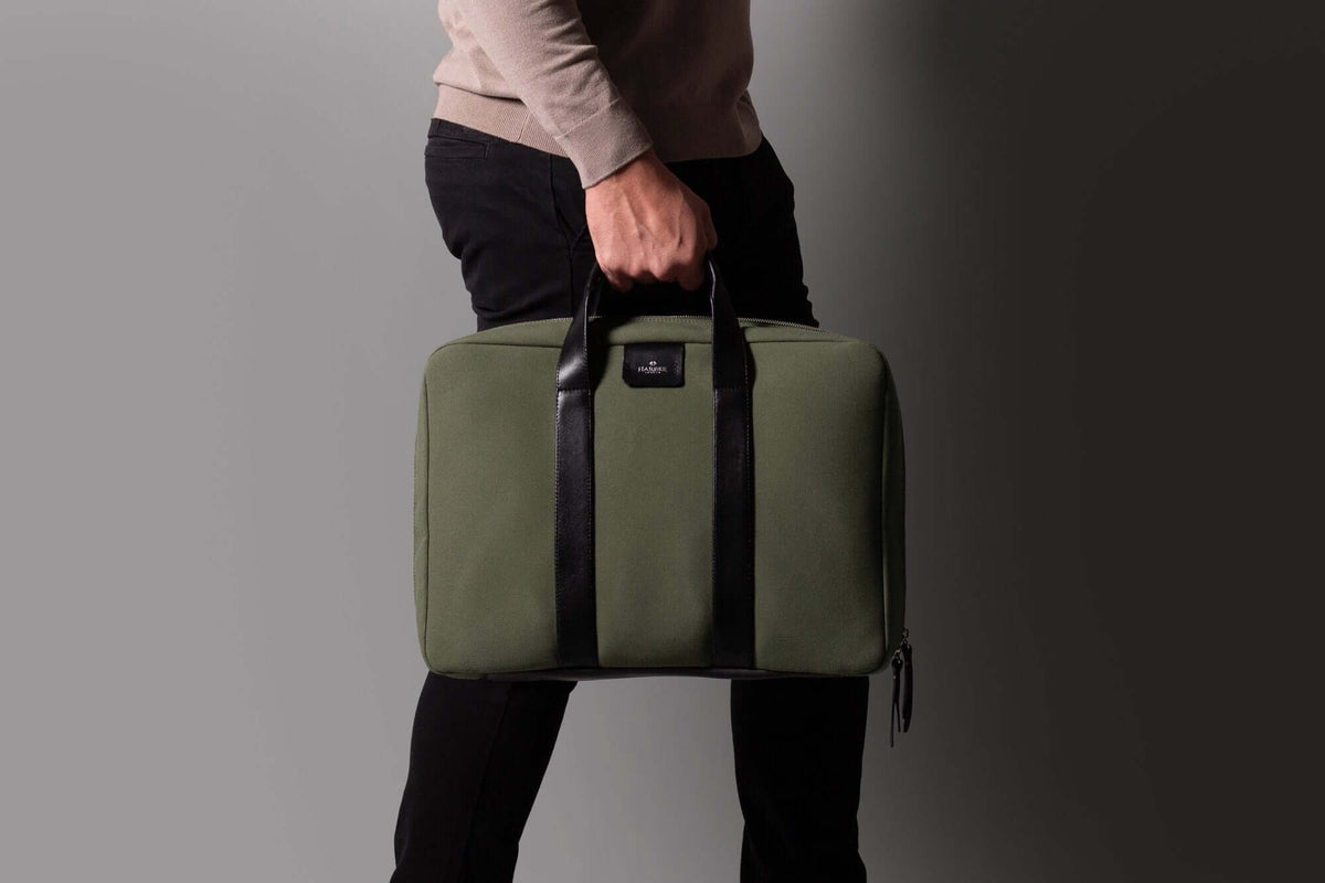 Rugged Laptop Briefcase Olive Fabric / Black Leather