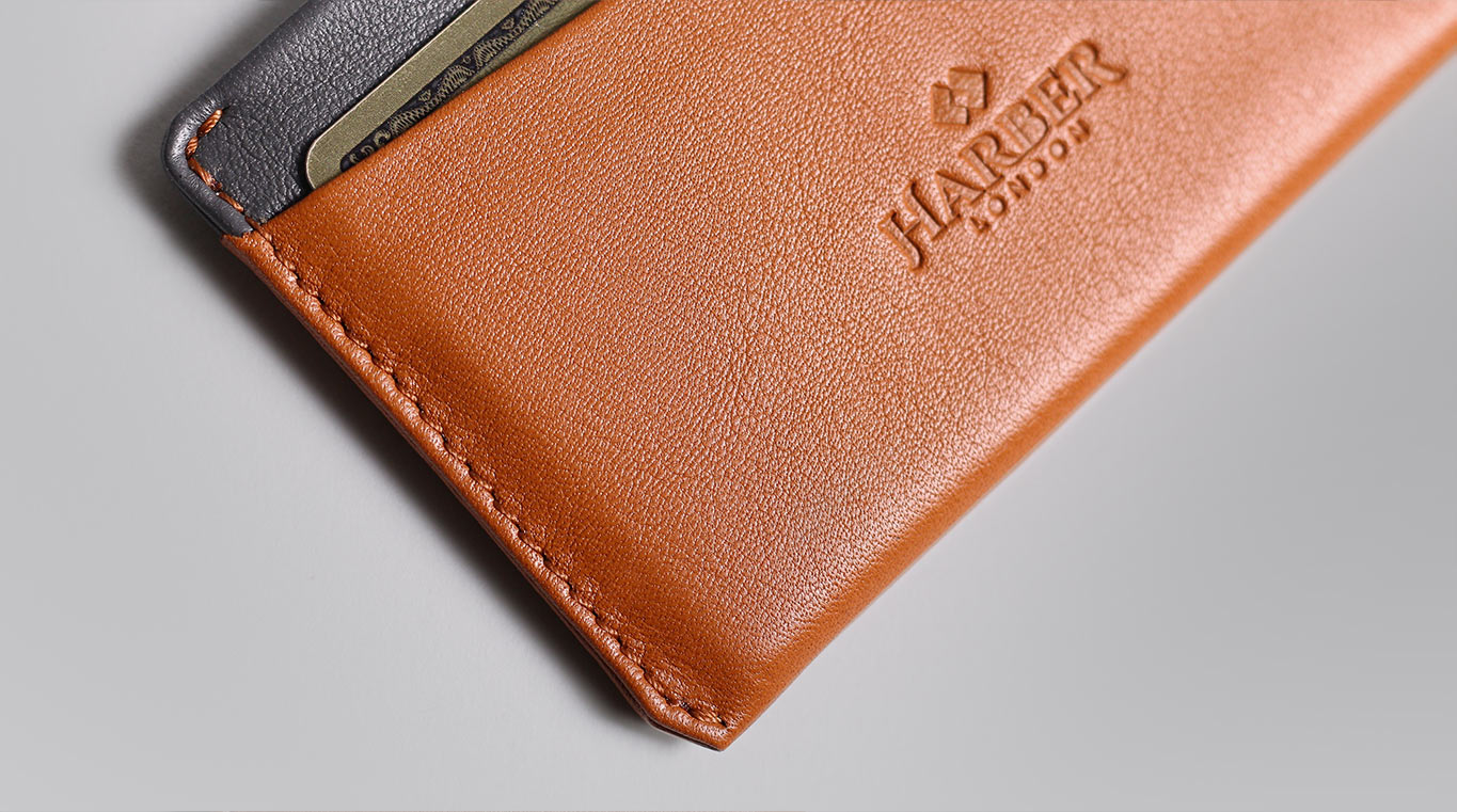 Detail of a handcrafted leather slim card holder