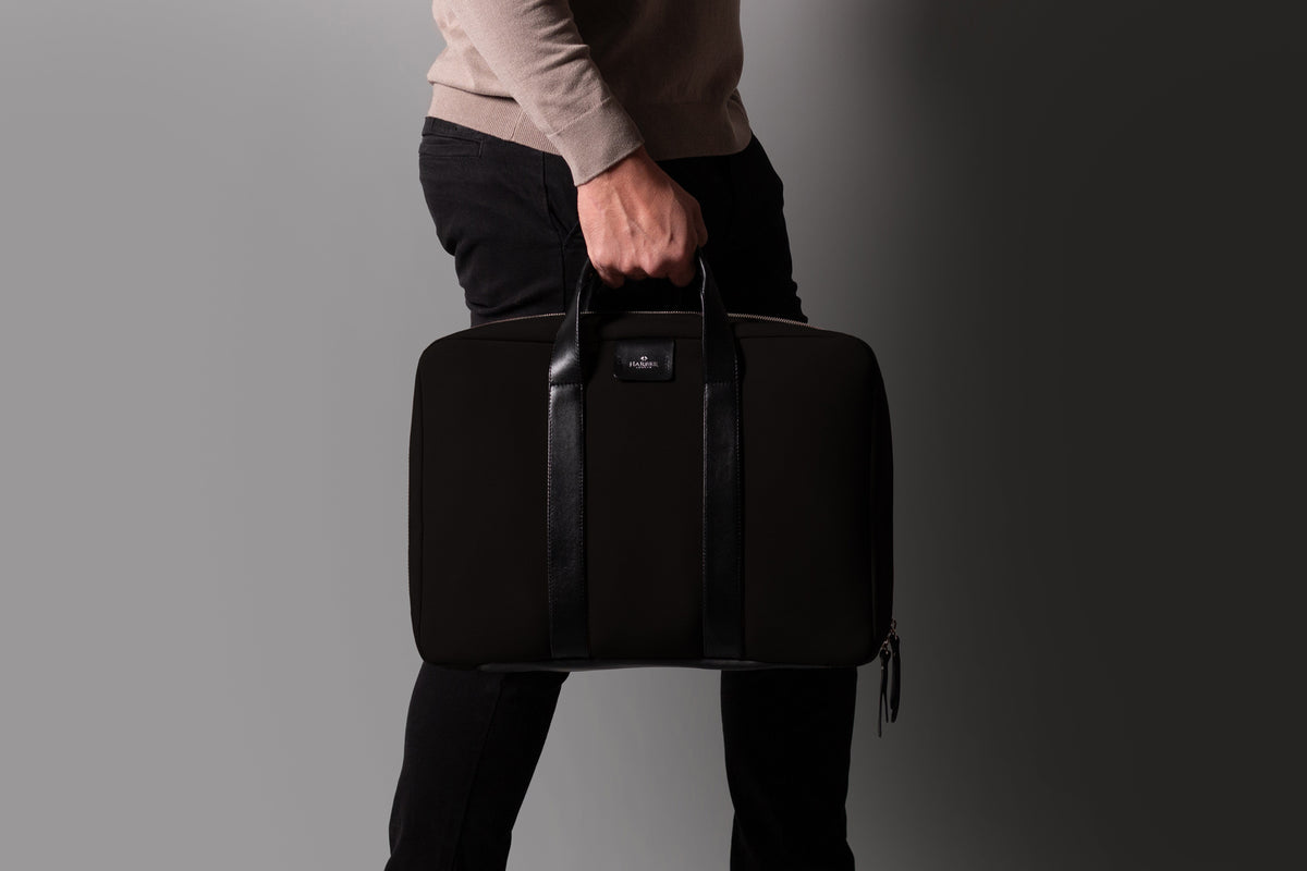 Rugged Laptop Briefcase – Black Fabric / Black Leather