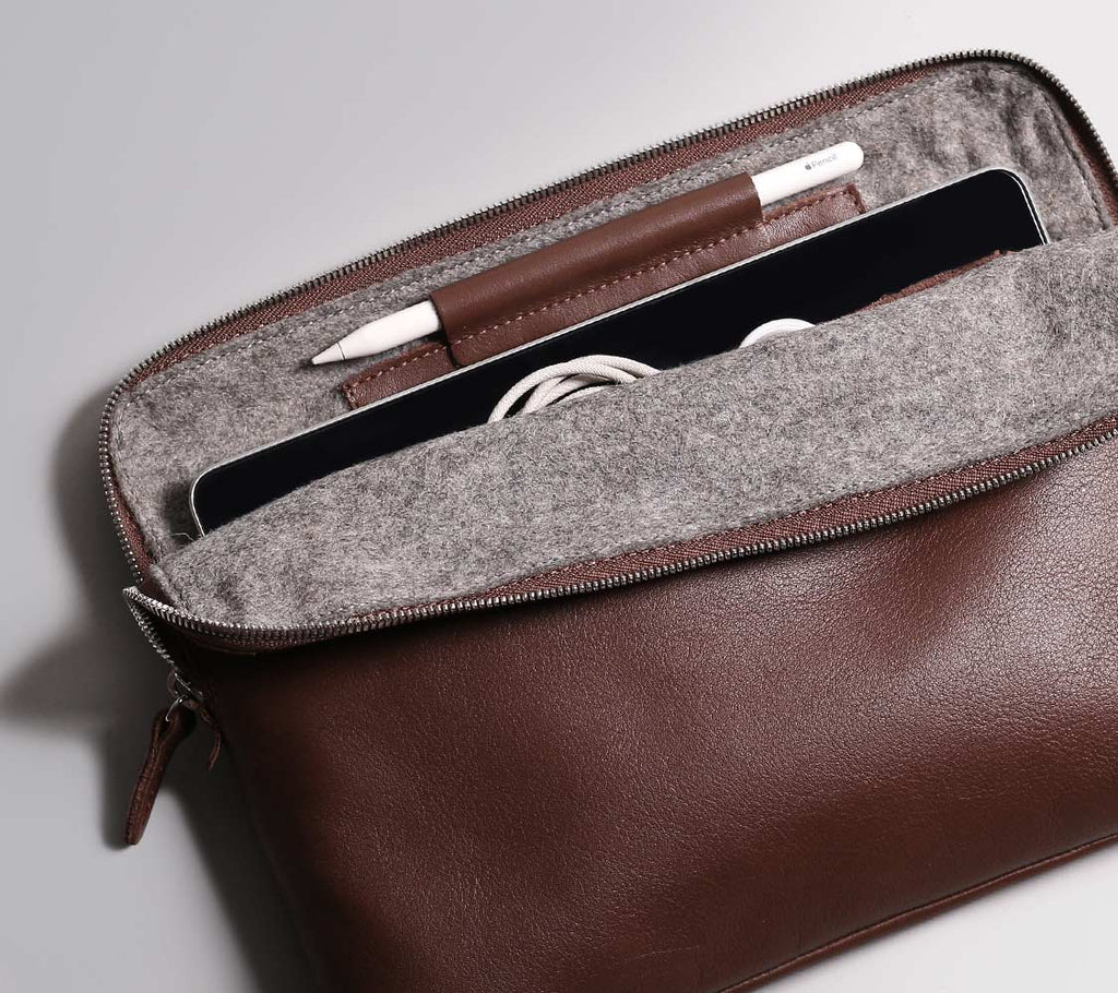 Deep Brown leather sleeves for iPad and MacBook