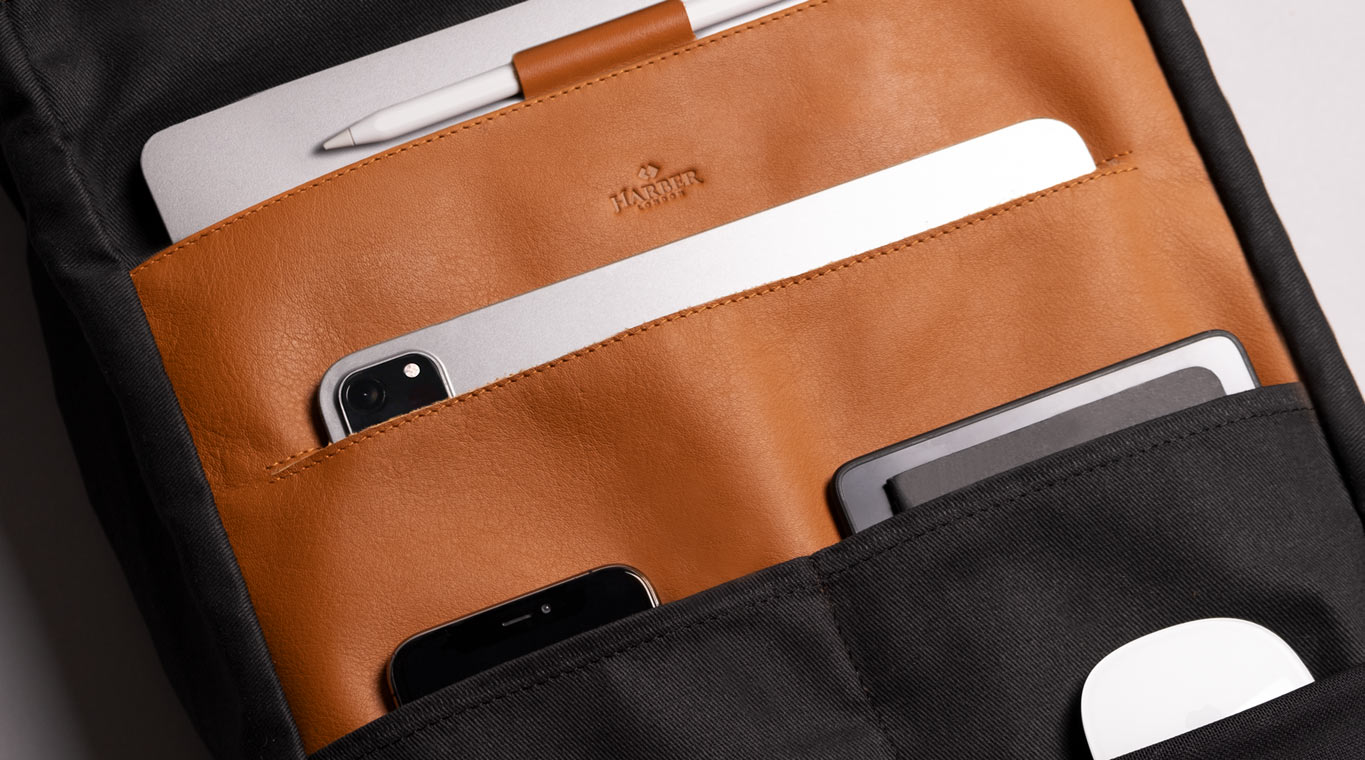 Leather backpack with dedicated laptop and tablet pockets