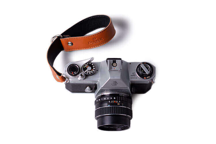 Leather Slide Camera Wrist Strap Tan/Black