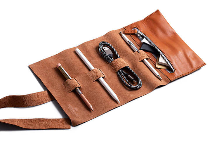 Mini Zip Leather Rollup Cord & Tools Wrap Tan